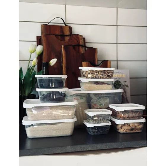 Opbevaringsbøtter sæt 11 stk. transparente med hvide låg