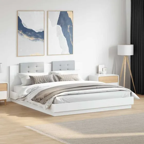 Sengeramme med sengegavl 200x200 cm i hvidt konstrueret træ