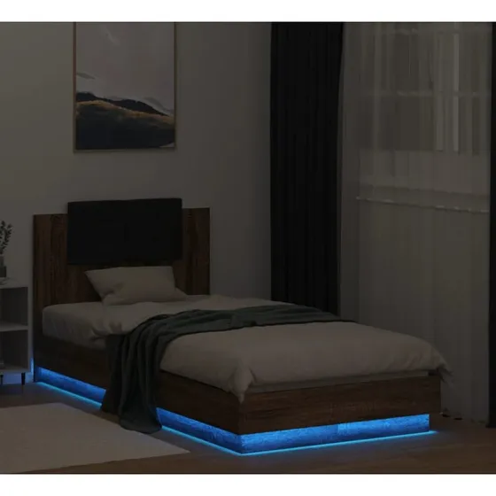 Sengeramme 75x190 cm med sengegavl & RGB LED, brun egetræ