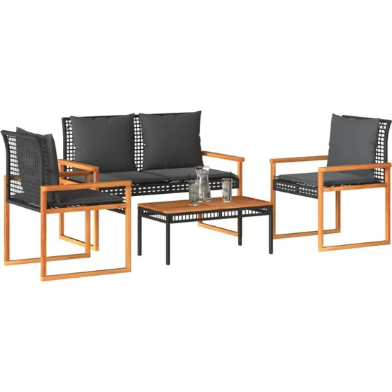 Loungesæt 4 dele i sort polyrattan med hynder