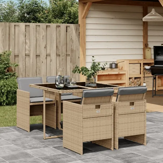 Polyrattan spisebordssæt 5 dele med hynder - beige