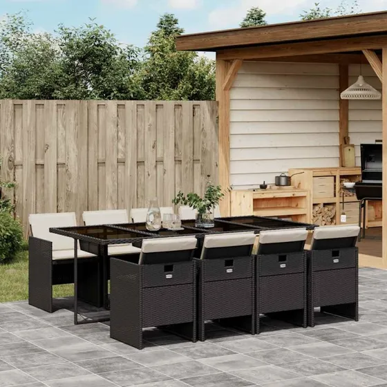 Spisebordssæt i polyrattan 9 dele med hynder, sort
