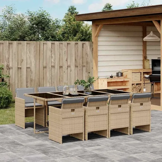 Spisebordssæt i polyrattan 9 dele - beige med hynder