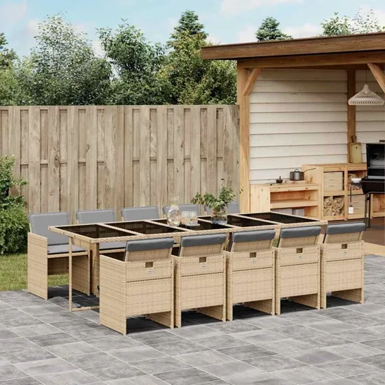 Spisebordssæt i polyrattan 11 dele med hynder – beige