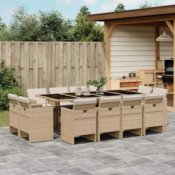 Spisebordssæt i polyrattan 13 dele – beige med hynder