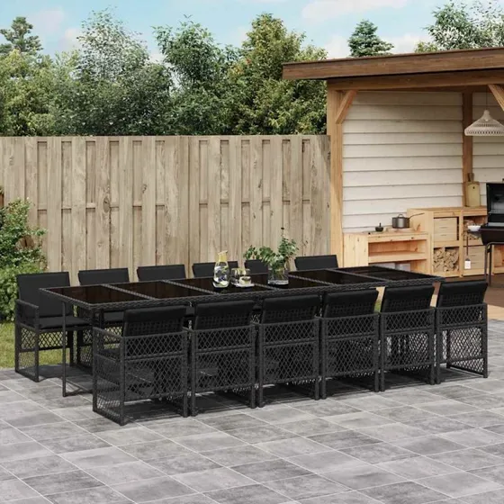 Spisebordssæt i sort polyrattan 13 dele med hynder