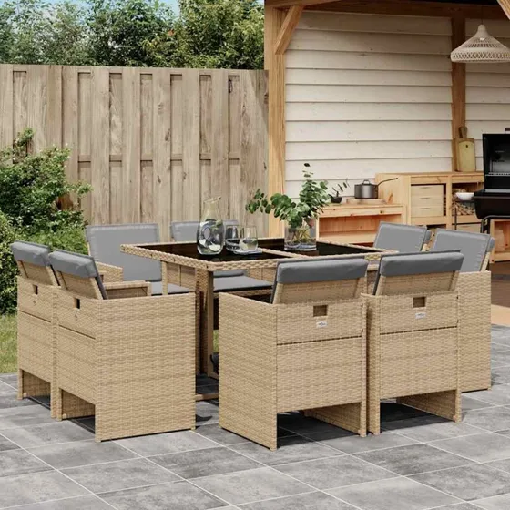 Spisebordssæt havemøbler 9 dele polyrattan beige
