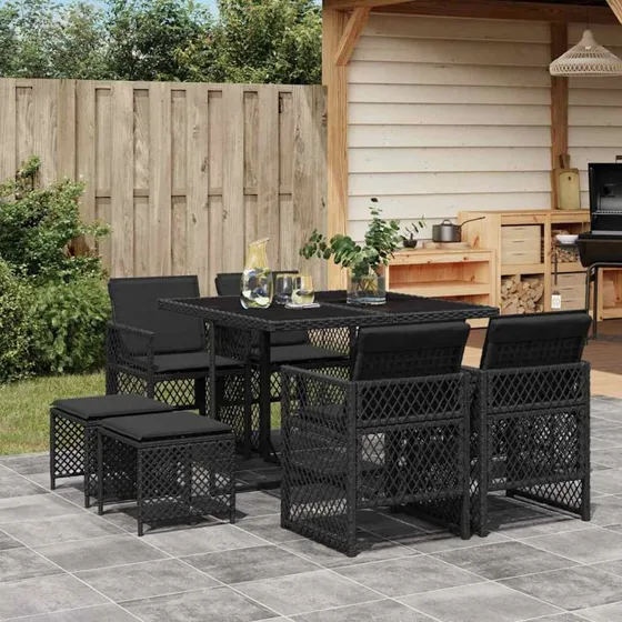 Spisebordssæt i polyrattan 9 dele med hynder, sort