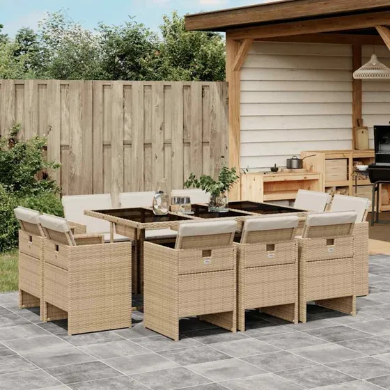 Spisebordssæt i polyrattan 11 dele med hynder - beige