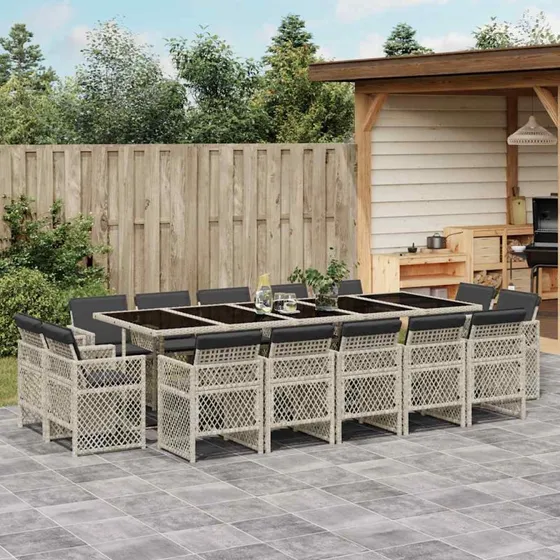 Spisebordssæt til haven 15 dele i lysegrå polyrattan