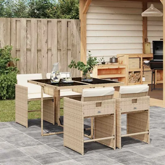 Havemøbelsæt 5 dele i polyrattan - beige med hynder
