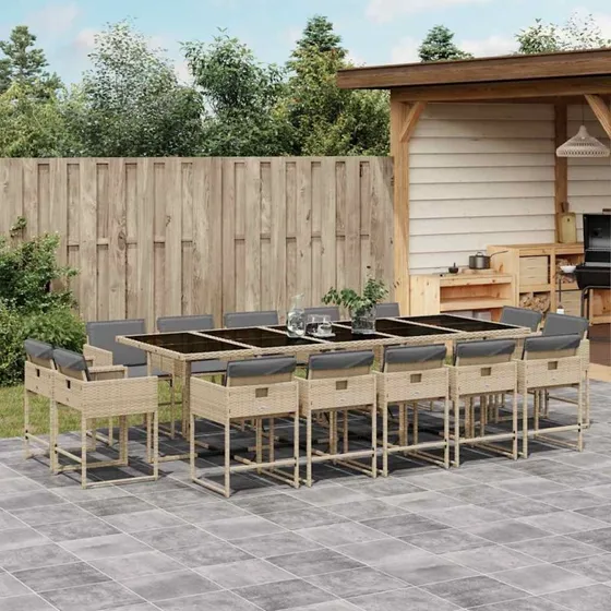 Spisebordssæt i polyrattan 15 dele med hynder – beige