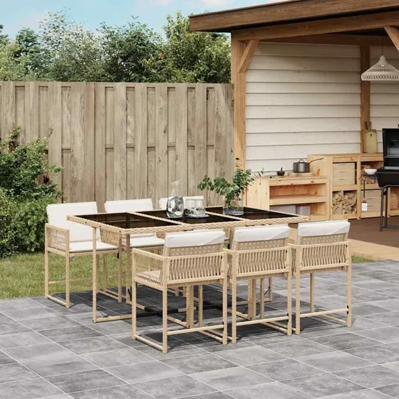 Havestel 7 dele i beige polyrattan med hynder