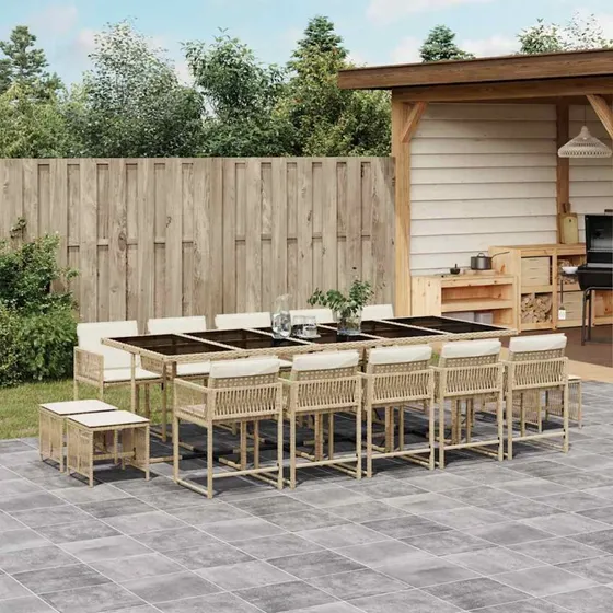 Havesæt i polyrattan 15 dele med hynder, beige