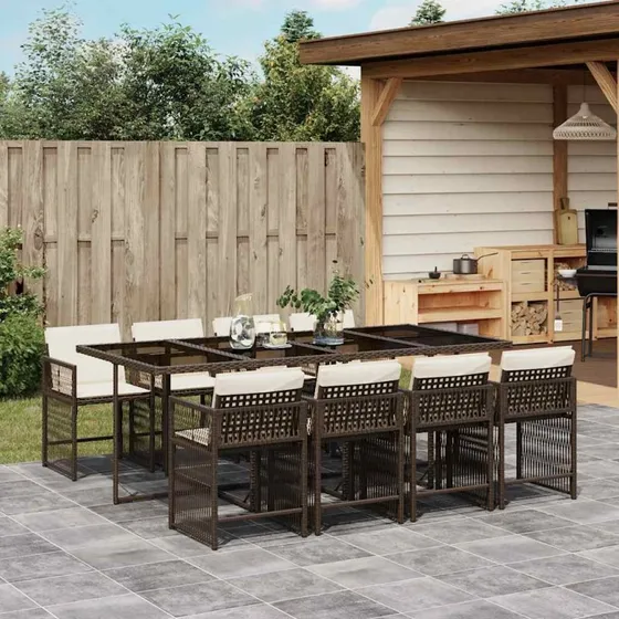 Spisebordssæt i polyrattan 9 dele med hynder, brun