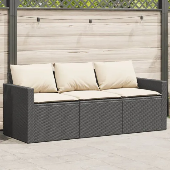 3-personers havesofa i sort polyrattan med hynder