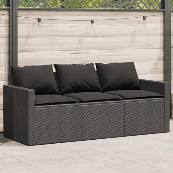 3-personers havesofa i sort polyrattan med hynder