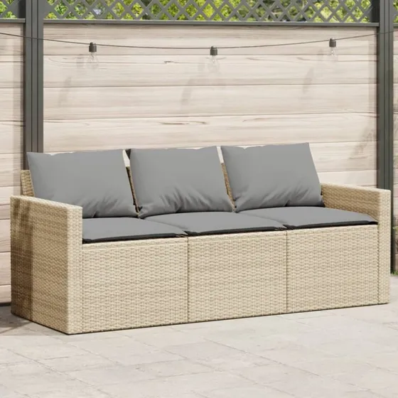 3-personers havesofa i polyrattan beige med hynder
