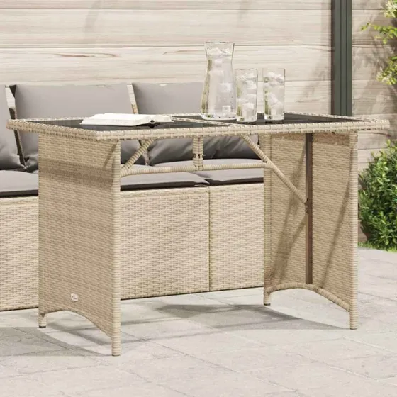 Havebord 110x68x70 cm i beige polyrattan med glastop