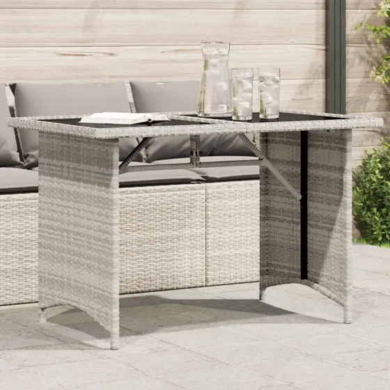 Havebord med glastop 110x68x70 cm - lysegrå polyrattan
