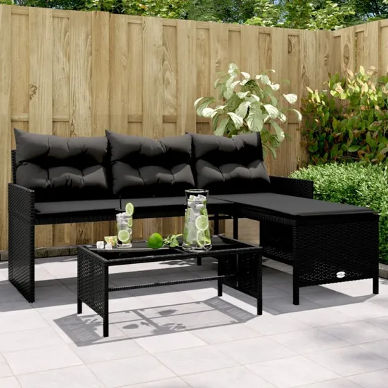 L-formet havesofa i sort polyrattan med bord og hynder