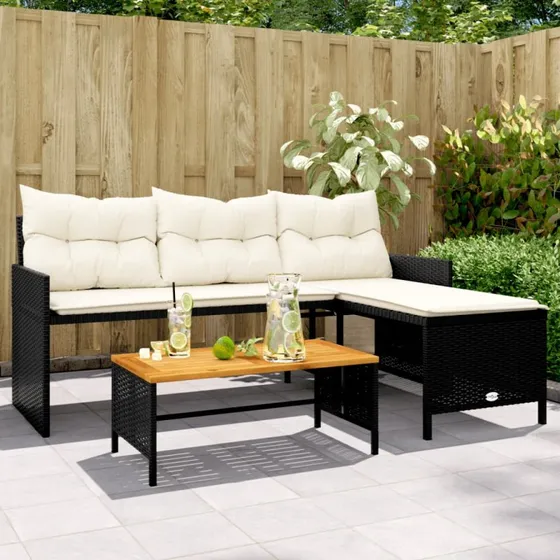 L-formet havesofa i sort polyrattan med bord og hynder