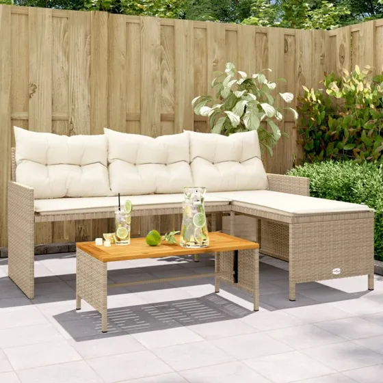 L-formet havesofa i polyrattan med bord og hynder - beige