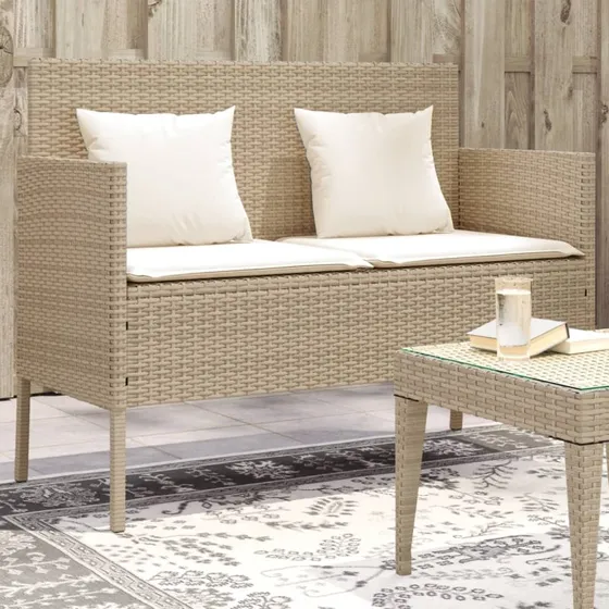 Havebænk med opbevaring i polyrattan – beige hynder