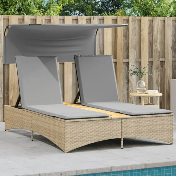 Dobbelt solseng med baldakin og hynder i polyrattan, beige
