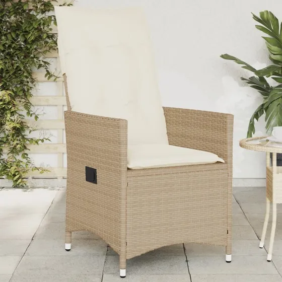 Havestol i polyrattan med justerbart rygln og hynde (beige)