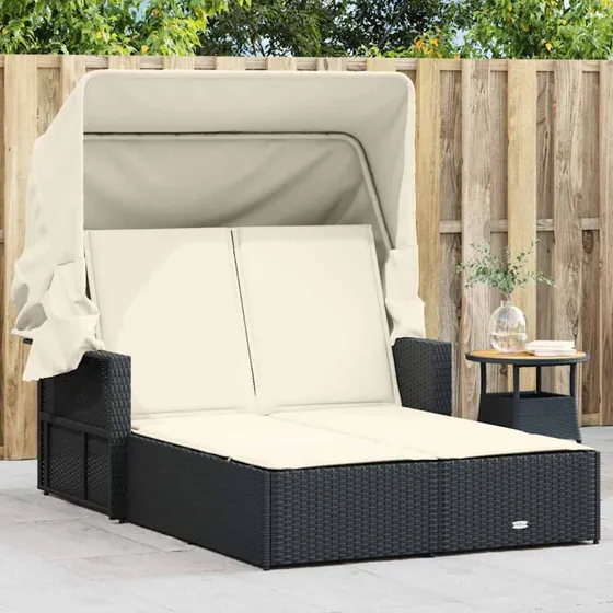Dobbel solseng med baldakin & hynder i sort polyrattan