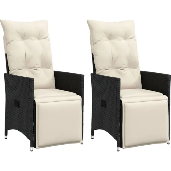 Havestole i polyrattan 2 stk. med hynder – justerbart ryglæn (sort)