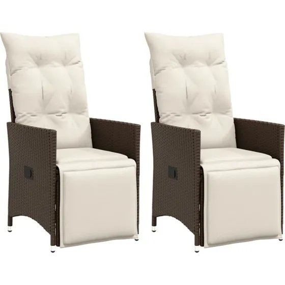 Havestole 2 stk. i brun polyrattan med lænefunktion og hynder