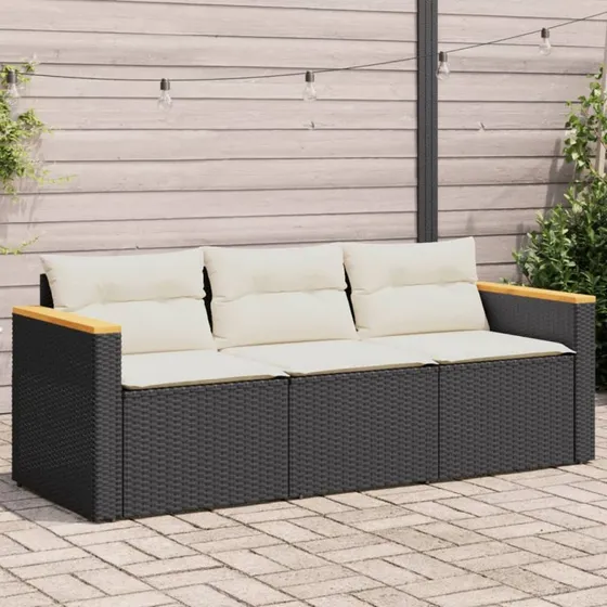 3-personers havesofa i sort polyrattan med hynder
