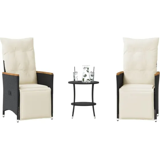 Bistrosæt til haven 3 dele i sort polyrattan med hynder