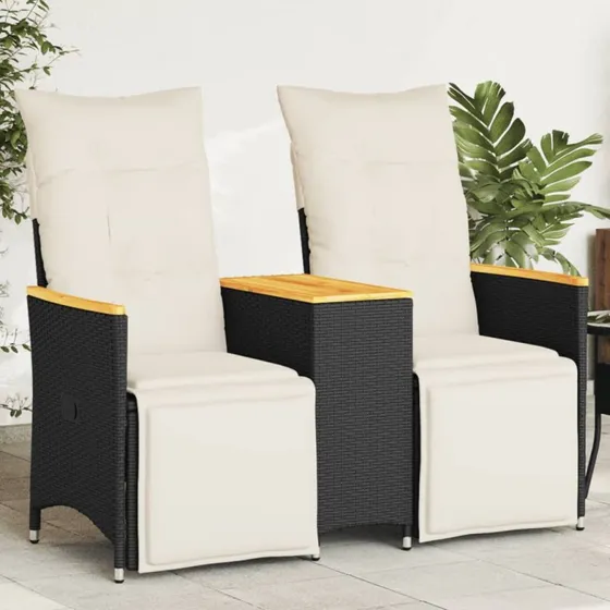 2-personers polyrattan havesofa med bord og lænefunktion, sort