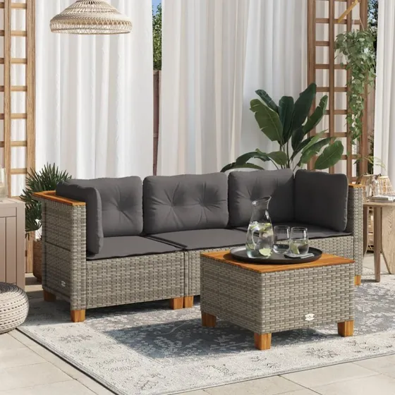 3-personers havesofa i grå polyrattan med hynder