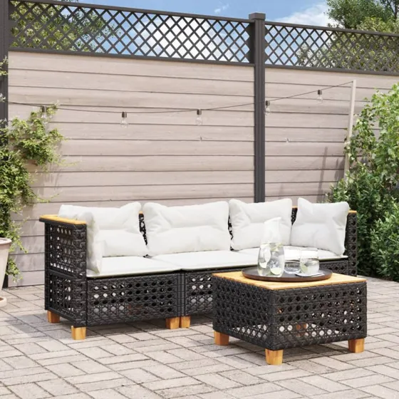 3-personers havesofa i sort polyrattan med hynder