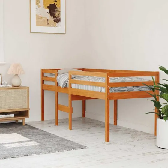 Højseng 75x190 cm i massivt fyrretræ, gyldenbrun