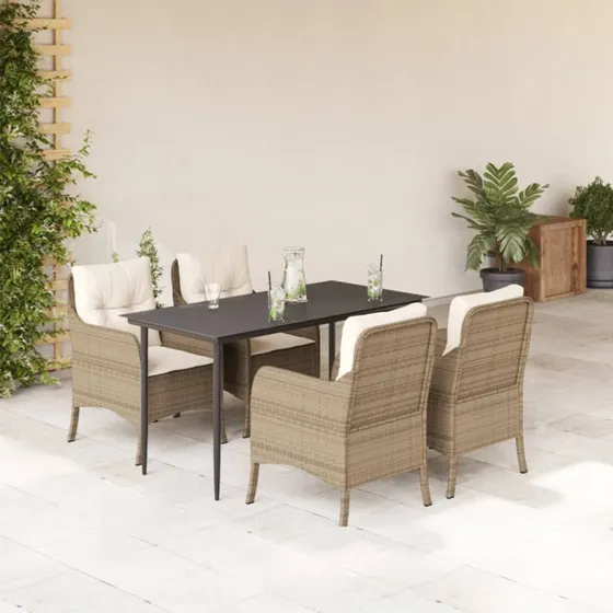 Havemøbelsæt 5 dele i polyrattan med hynder – beige
