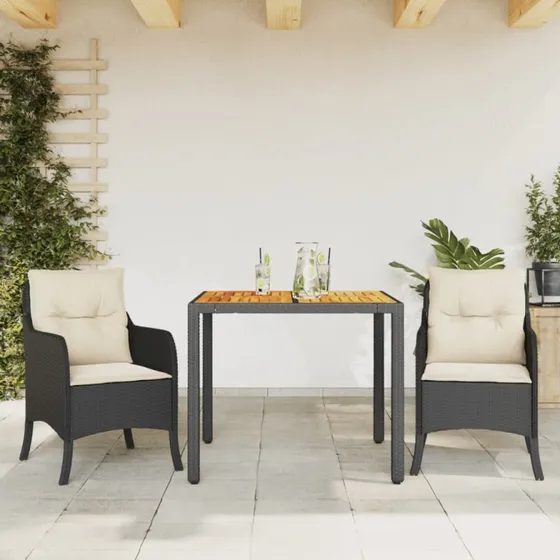 Spisebordssæt 3 dele i sort polyrattan med hynder