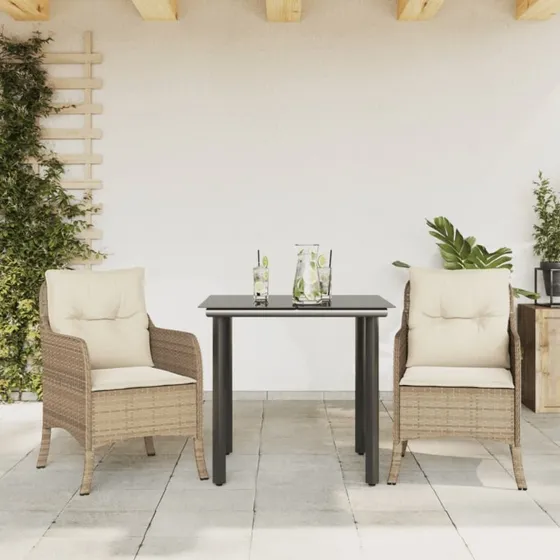 3-delers spisebordssæt i beige polyrattan med hynder