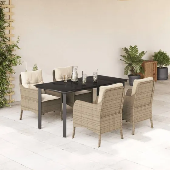 Polyrattan spisebordssæt 5 dele med hynder – beige