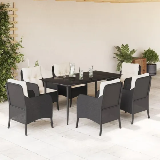 Spisebordssæt i polyrattan 7 dele – sort med hynder