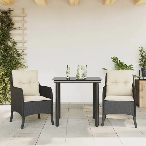 Spisebordssæt i polyrattan 3 dele med hynder – sort