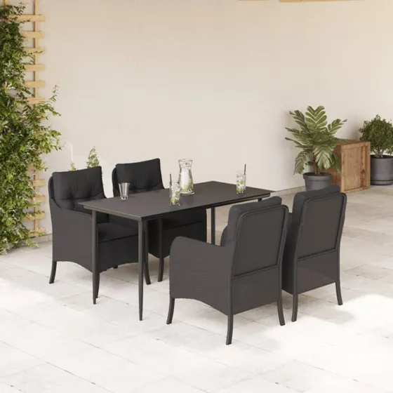 Spisebordssæt 5 dele i polyrattan - sort med hynder