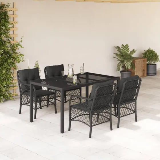 Spisebordssæt i polyrattan 5 dele – sort med hynder
