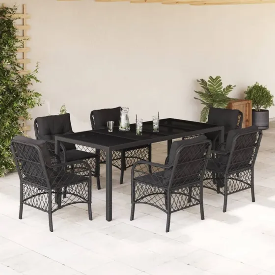 Spisebordssæt i polyrattan 7 dele med hynder, sort