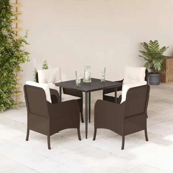 Polyrattan spisebordssæt 5 dele med hynder - brun