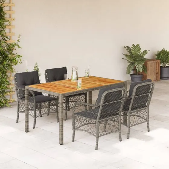 Polyrattan spisebordssæt til haven 5 dele med hynder, grå